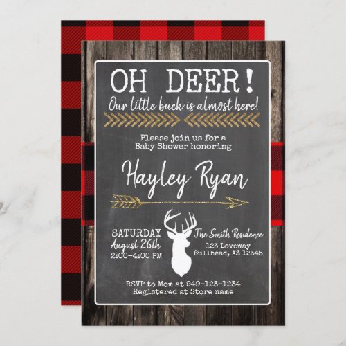 OH Deer Little Buck Buffalo Plaid Baby Shower Invitation