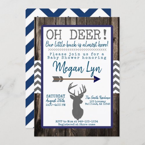 OH Deer Little Buck Navy Grey Chevron Baby Shower Invitation