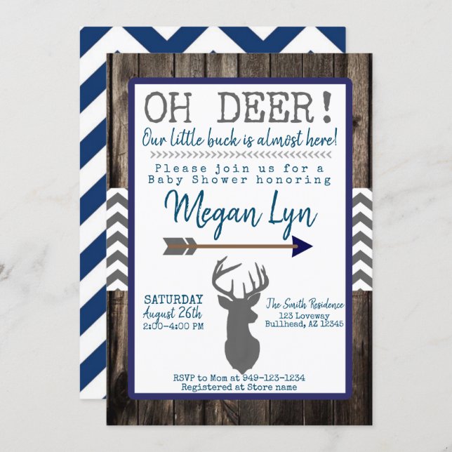 OH Deer! Little Buck Navy Grey Chevron Baby Shower Invitation (Front/Back)