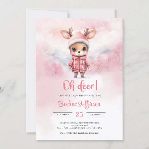 Oh deer little pink deer winter girl Baby Shower Invitation