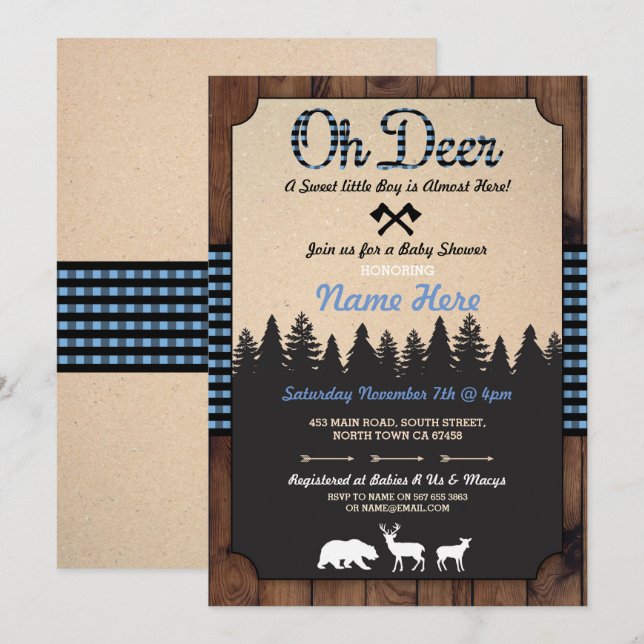 Oh Deer Lumberjack Blue Baby Shower Boy Invitation (Front/Back)
