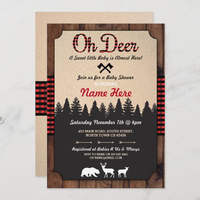 Oh Deer Lumberjack Red Baby Shower Boy Girl Invite (Front/Back)