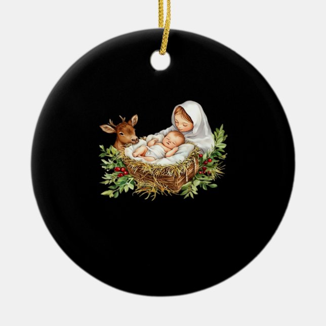 Oh Deer Mary Nativity Scene Christmas Jesus  Ceramic Ornament (Front)