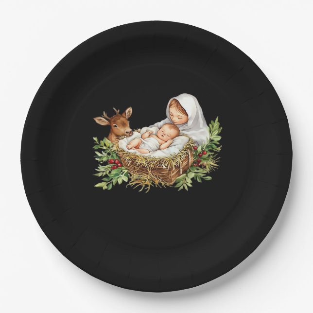 Oh Deer Mary Nativity Scene Christmas Jesus   Paper Plates (Front)