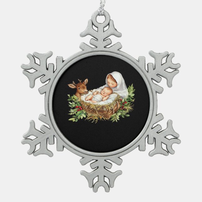 Oh Deer Mary Nativity Scene Christmas Jesus   Snowflake Pewter Christmas Ornament (Front)