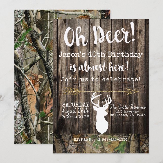 Oh Deer! Men's hunting Camo background Birthday Invitation (Front/Back)