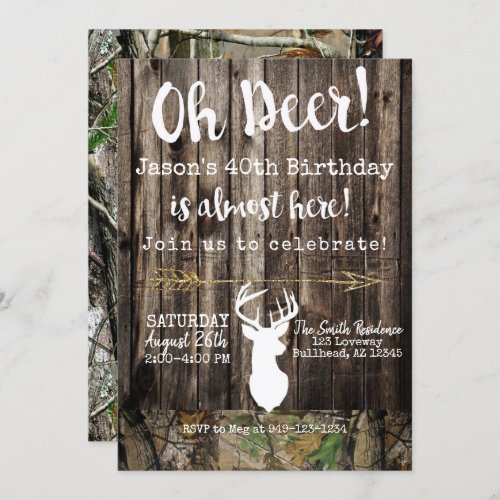 Oh Deer Mens hunting Camo background Birthday Invitation