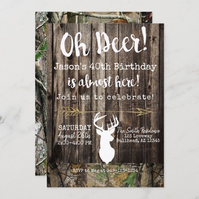 Oh Deer! Men's hunting Camo background Birthday Invitation (Front/Back)