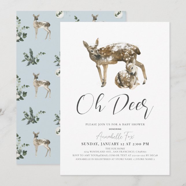 Oh Deer Mom & Fawn Blue Boy Baby Shower Invitation (Front/Back)