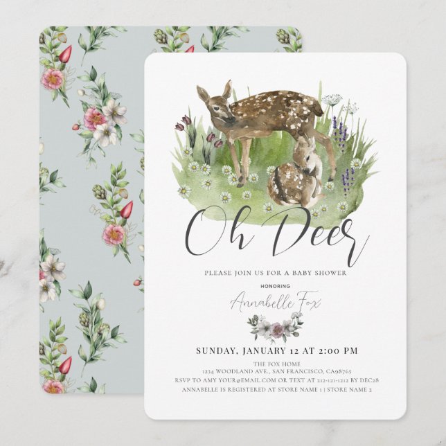 Oh Deer Mom & Fawn Floral Boy Baby Shower Invitation (Front/Back)