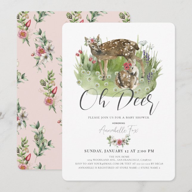 Oh Deer Mom & Fawn Pink Floral Girl Baby Shower Invitation (Front/Back)