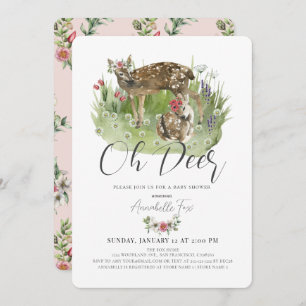 Oh Deer Mom & Fawn Pink Floral Girl Baby Shower Invitation