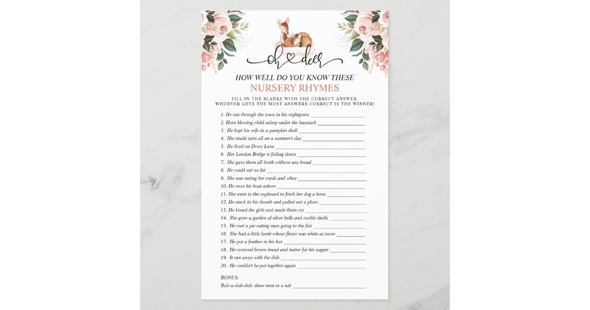 Oh Deer Nursery Rhyme Baby Shower Games Zazzle