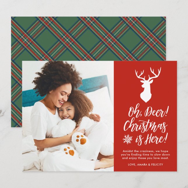 Oh, Deer! One Photo | Green Plaid Holiday Card (Front/Back)