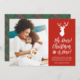 Oh, Deer! One Photo Green Plaid Holiday Card