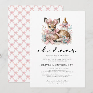 Oh Deer Pink Bows Woodland Forest Baby Shower Invitation