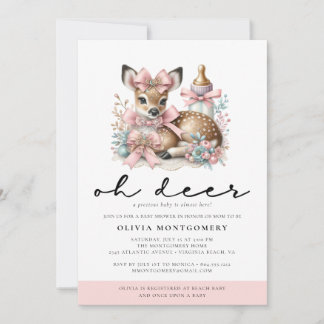 Oh Deer Pink Bows Woodland Forest Baby Shower Invitation