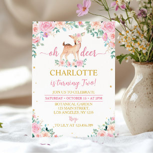 Oh Deer Pink Floral 2nd Birthday Invitation