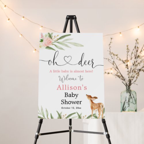 Oh deer pink floral girl baby shower welcome sign