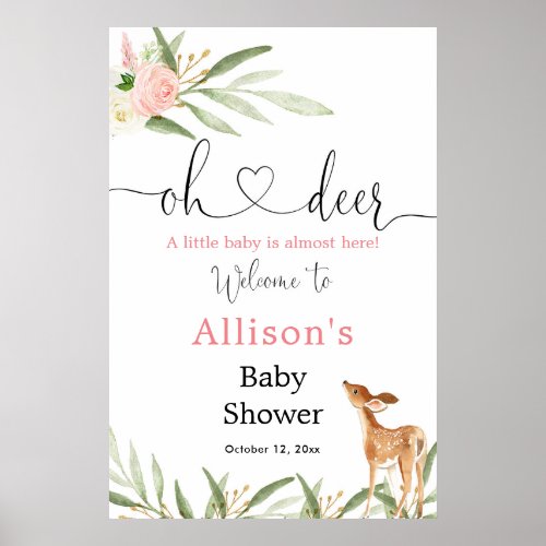 Oh deer pink floral girl baby shower welcome sign