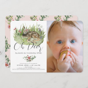 Oh Deer Pink Floral Girl Photo 1st Birthday Invitation