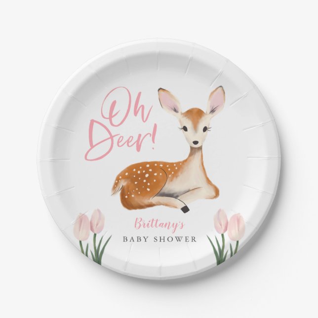 Oh Deer Pink Floral Spring Baby Shower Paper Plates (Front)