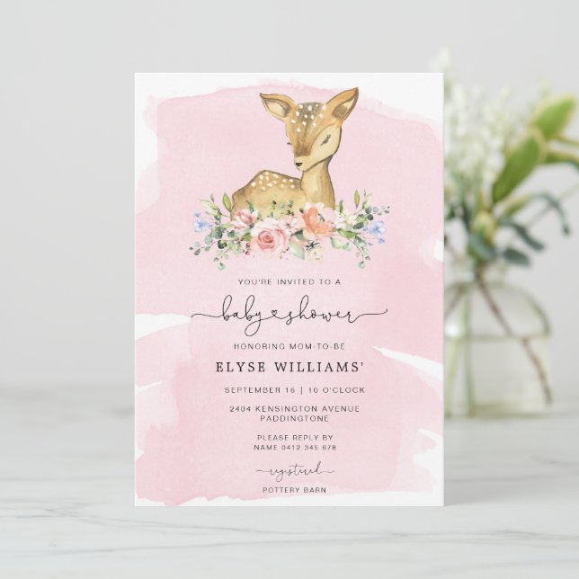 Oh Deer Pink Girl Baby Shower Invitation (Standing Front)