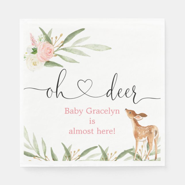 Oh deer pink gold greenery deer baby shower napkins (Front)
