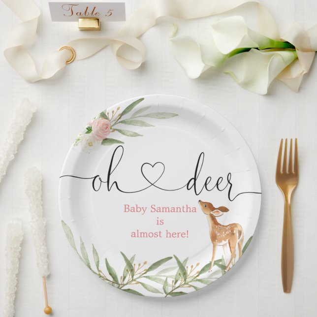 Oh deer pink gold greenery deer baby shower paper plates (Wedding)