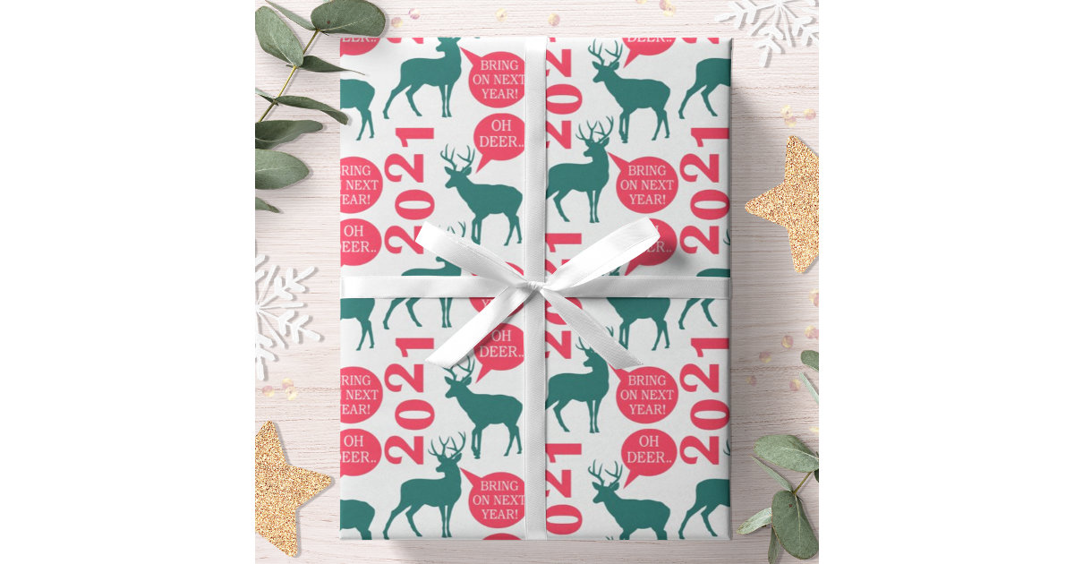Reindeer Oh My Deer Text Patterned Black Wrapping Paper, Zazzle