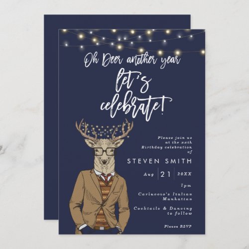 Oh deer rustic navy lights birthday party invitation