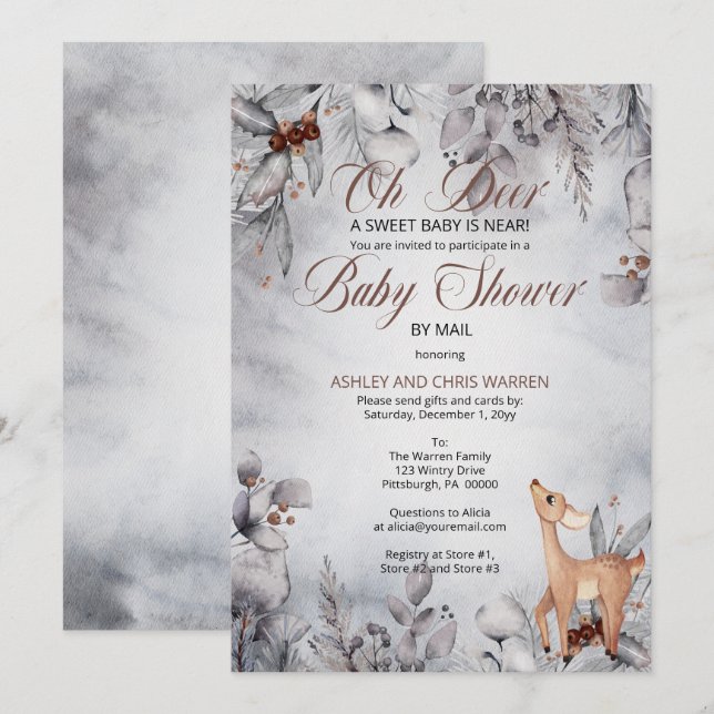 Oh Deer Rustic Winter Floral Baby Shower by Mail I Invitation (Front/Back)