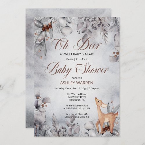 Oh Deer Rustic Winter Floral Baby Shower Invitation