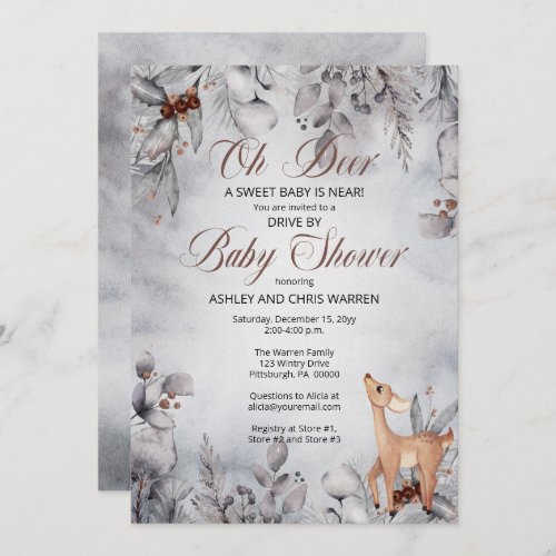 Oh Deer Rustic Winter Floral Drive By Baby Shower Invitation