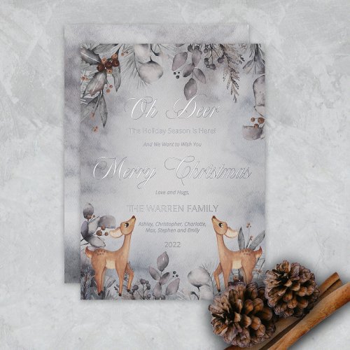 Oh Deer Rustic Winter Floral Merry Christmas Foil  Foil Holiday Card
