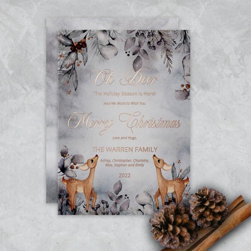 Oh Deer Rustic Winter Floral Merry Christmas Foil Holiday Card