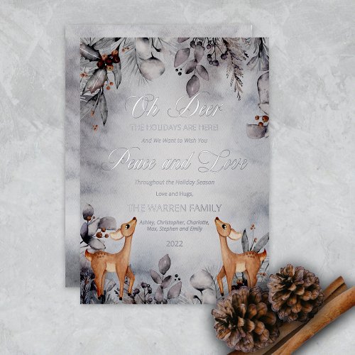 Oh Deer Rustic Winter Floral Peace and Love Foil Holiday Card