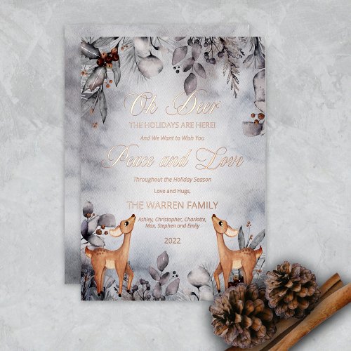 Oh Deer Rustic Winter Floral Peace and Love  Holid Foil Holiday Card