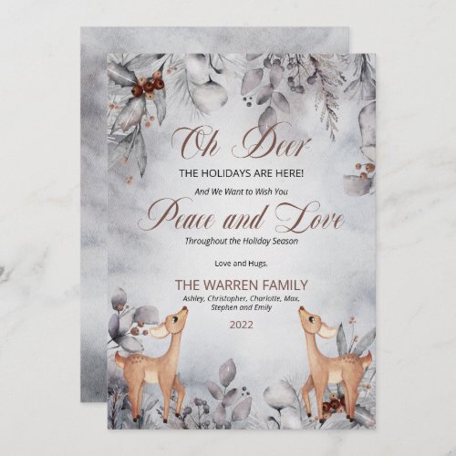 Oh Deer Rustic Winter Floral Peace and Love  Holiday Card