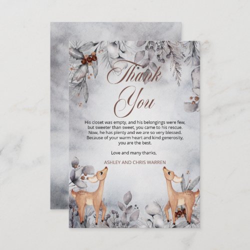Oh Deer Rustic Winter Floral Twins Baby Shower Thank You Card