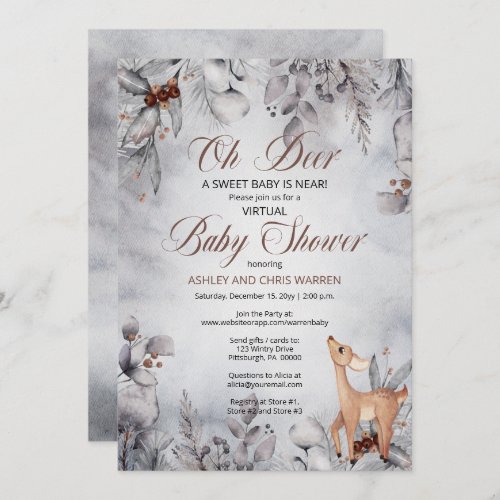 Oh Deer Rustic Winter Floral Virtual Baby Shower I Invitation