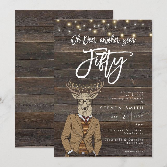 Oh deer rustic wood lights 50th birthday invitation (Front/Back)