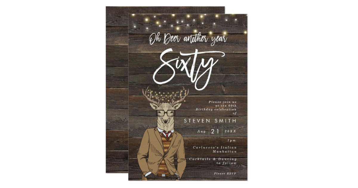 Oh deer rustic wood lights 60th birthday invitation | Zazzle.com