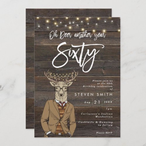 Oh deer rustic wood lights 60th birthday invitation