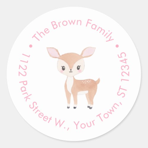 Oh Deer Sweet Fawn Pink Baby Shower Return Address Classic Round Sticker