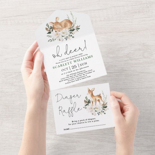 Oh Deer  Sweet White Floral Greenery Baby Shower All In One Invitation