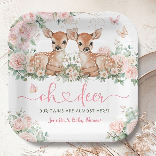 Oh Deer Twin Girls Baby Shower Pink Paper Plates (Creator Uploaded)