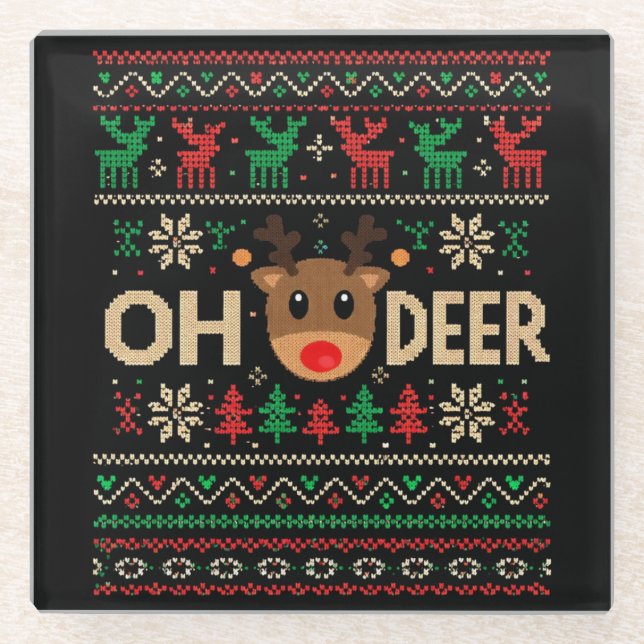 Oh Deer Ugly Christmas Sweater Glass Coaster (Front)
