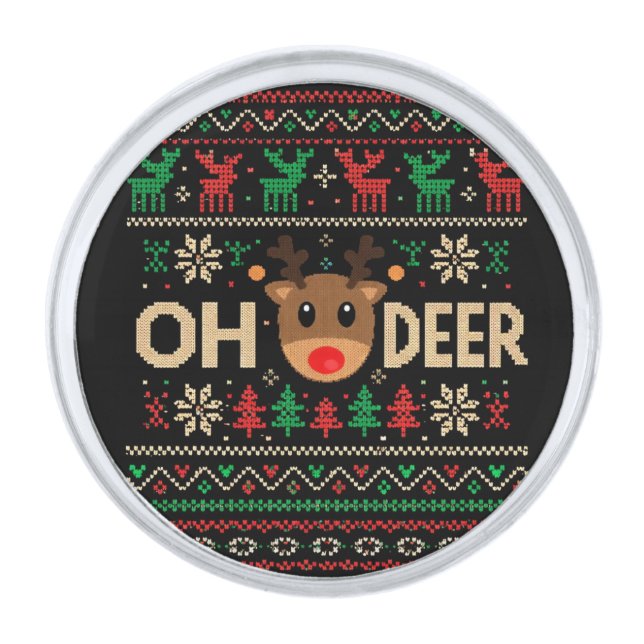 Oh Deer Ugly Christmas Sweater Silver Finish Lapel Pin (Front)