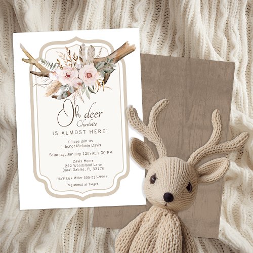 Oh Deer Watercolor Baby Shower Floral Boho Antler  Invitation